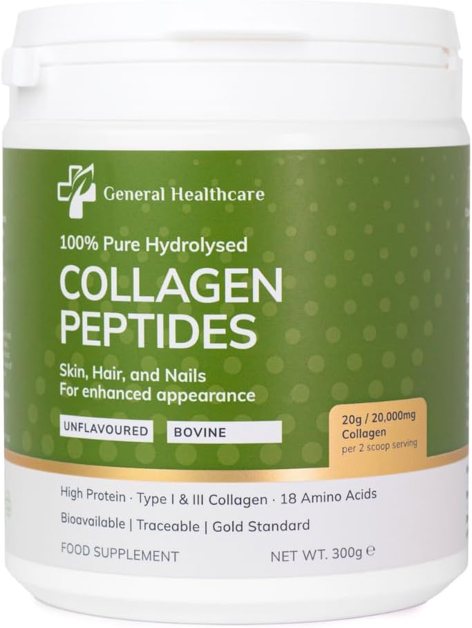 Collagen Powder Bovine Peptides, Type I & Iii, 100% Pure Hydrolysed Gold Standard, With 18 Amino Acids, Collagen Supplement By General Healthcare - 20G / 20,000Mg Collagen (Unflavoured)(300G)