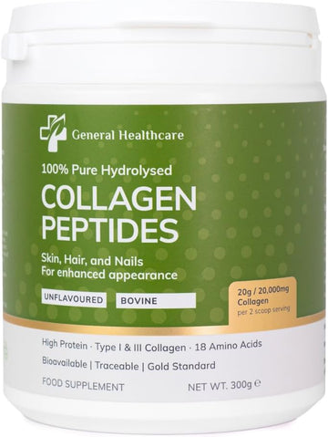 Collagen Powder Bovine Peptides, Type I & Iii, 100% Pure Hydrolysed Gold Standard, With 18 Amino Acids, Collagen Supplement By General Healthcare - 20G / 20,000Mg Collagen (Unflavoured)(300G)