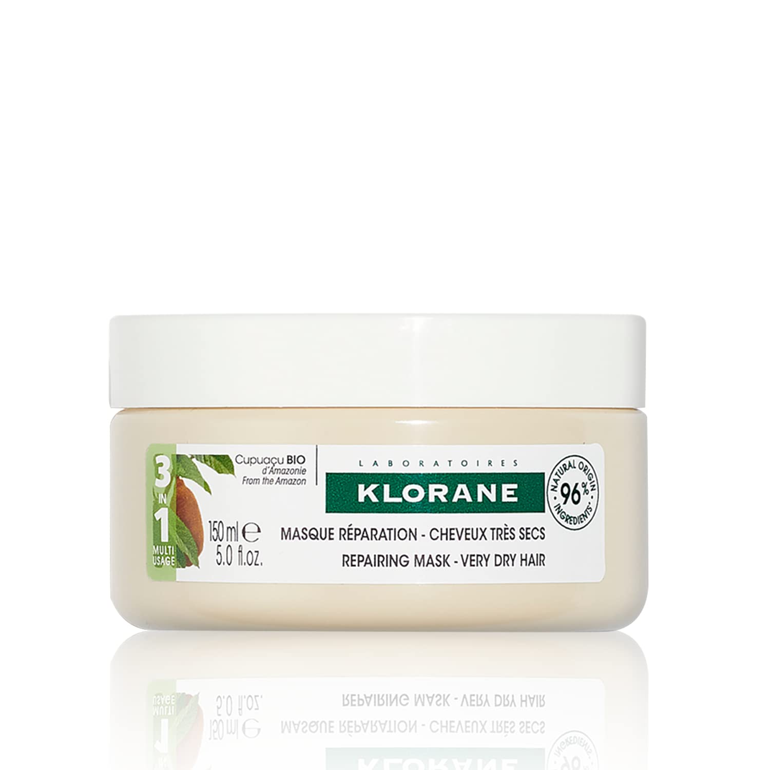 Klorane 3-in-1 Mask with Organic Cupuaçu Butter, Nourishing & Repairing for Very Dry Damaged Hair, Classic Mask, Overnight Mask, Leave-in Cream, SLS/SLES-Free, Biodegradable, 5 oz