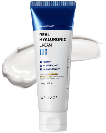 Wellage Real Hyaluronic Cream 100-100% Pure Hyaluronic Acid Face Moisturizer - Powerful Moisturizing & Firming For Dry Skin - Lightweight Gel Cream, 2.7Oz