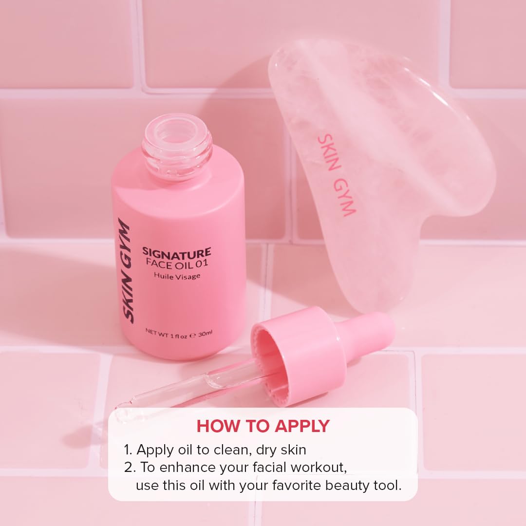 Skin Gym Rose Quartz Gua Sha & Signature Oil Kit | Holiday Radiance Boosting Duo | Facial Contouring & Skin Rejuvenation | All-In-One Exfoliating, Smoothing & Moisturizing Face Oil | Am/Pm Compatible : Beauty & Personal Care