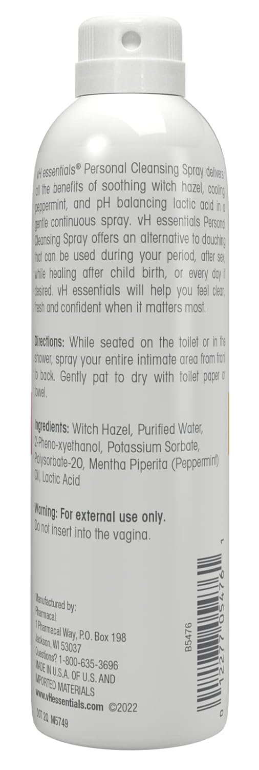 vH essentials Personal Cleansing Spray, pH Balancing Lactic Acid, Sting-Free, Witch Hazel Formula, Fragrance free, Paraben free, Sprays upside down for easy external intimate cleansing, 4 floz