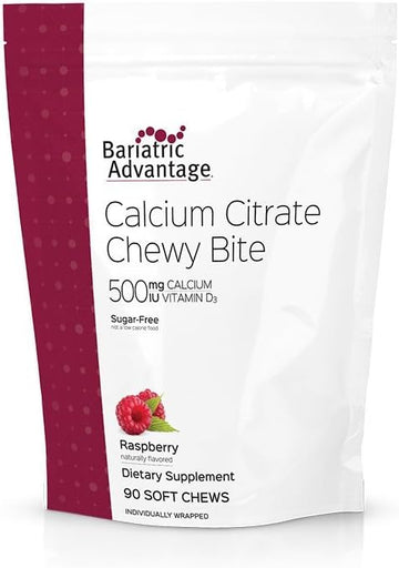 Bariatric Advantage Calcium Citrate Chewy Bites 500mg with Vitamin D3 for Bariatric Surgery Patients Including Gastric Bypass and Sleeve Gastrectomy, Sugar Free - Raspberry Flavor, 90 Count