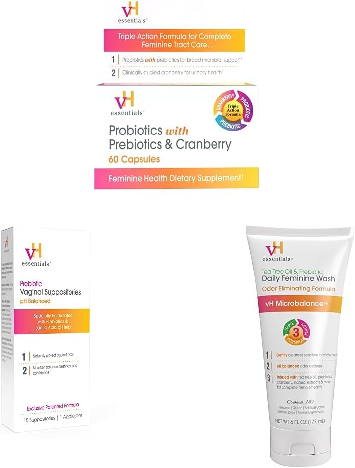 vH essentials Probiotics - 60 Capsules & Prebiotic PH Balanced Vaginal SuppositoriesBox, Original Version, 15 Count & Ph Balanced Daily Feminine Wash, 6, Fl Oz, (Pack of 1) 54306 Clear