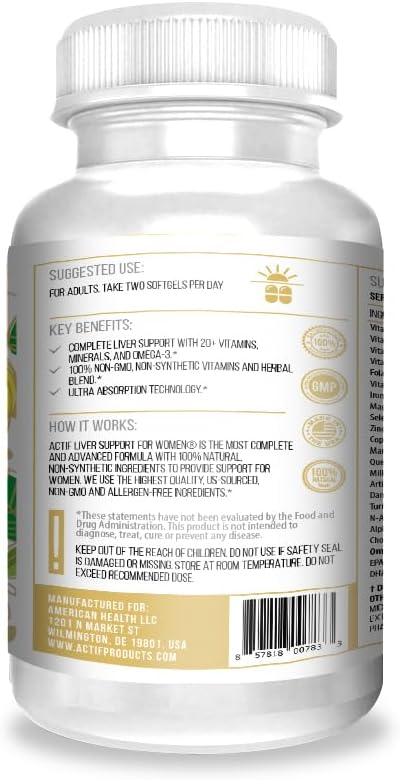 Actif Liver Support For Women With 20+ Advanced Factors And Omega-3 - Non Gmo, Made In Usa, 90 Count