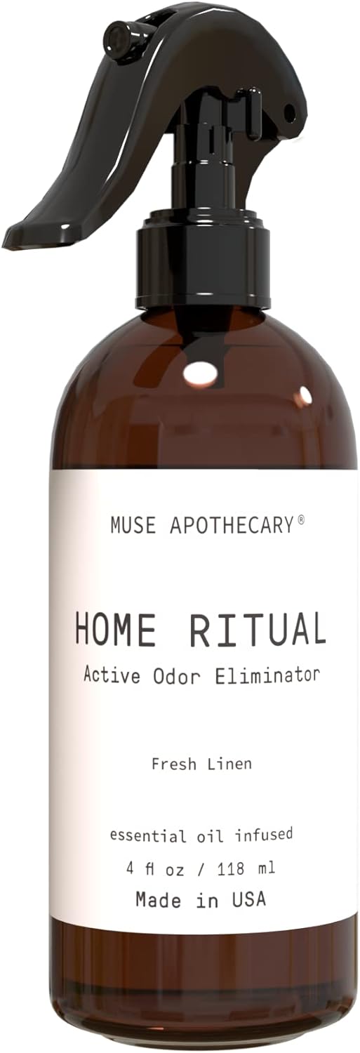 Muse Apothecary Home Ritual Active Odor Eliminator Spray - Odor Eliminator for Home - Furniture Deodorizer Spray & Bathroom Odor Eliminator - Essential Oil Air Freshener - 4oz, Fresh Linen