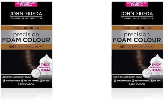 John Frieda Precision Foam Colour 4N, Salon-Finish Dark Natural Brown Hair Dye, Dark Brown Permanent Hair Colour, 100% Grey Coverage (Pack Of 2)