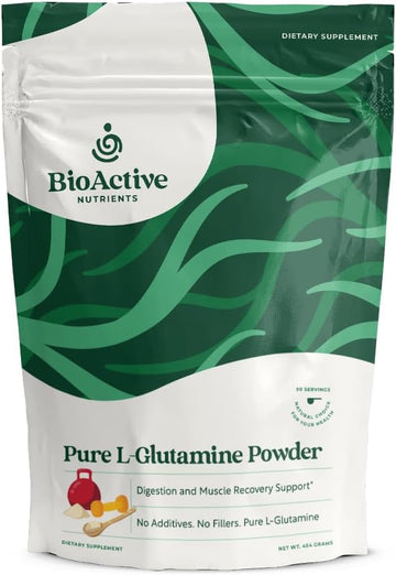 BIOACTIVE NUTRIENTS Pure L-Glutamine Powder Supplement - Optimum Gut Health and Muscle Recovery Support - Nutrition Supplements Powder - Gluten-Free - 454 g / 90 Servings