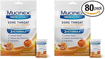 Mucinex Instasoothe Sore Throat + Soothing Comfort Honey & Echinacea Flavor, Fast Acting, Powerful Sore Throat Oral Pain Reliever, 40 Medicated Drops (Pack Of 2)