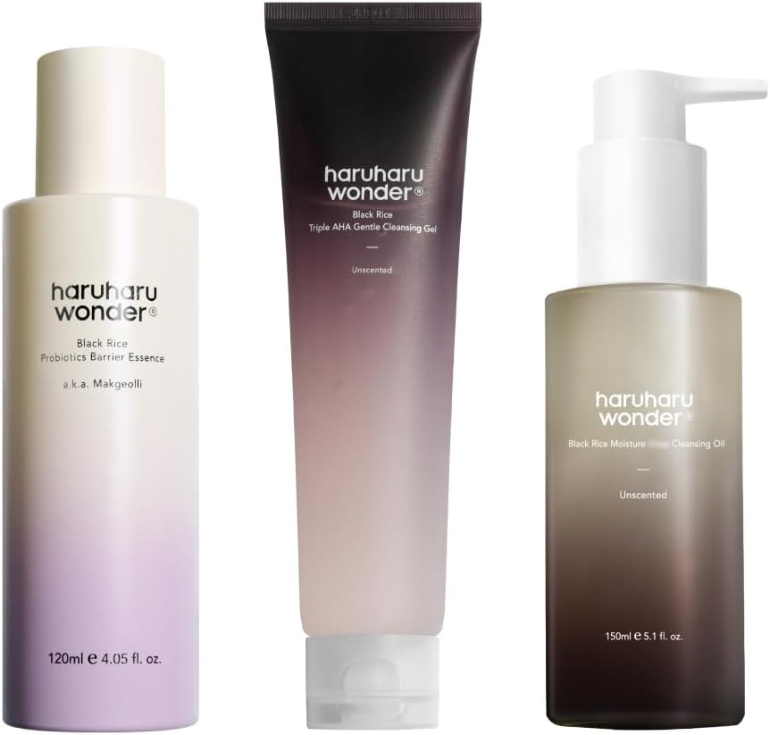 Haruharu Wonder Black Rice Probiotics Barrier Essence & Aha Cleansing Gel & Cleansing Oil