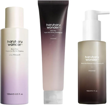 Haruharu Wonder Black Rice Probiotics Barrier Essence & Aha Cleansing Gel & Cleansing Oil