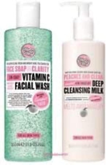 (2 PACK) Soap & Glory Face Soap & Clarity 3-in-1 Daily Detox Vitamin C Facial Wash x 350ml & Soap & Glory Peaches & Clean 4-in-1 Wash-Off Deep Cleansing Milk x 350ml
