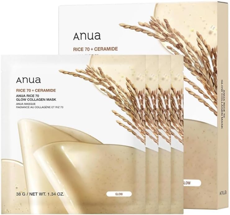 Anua Rice 70 Glow Collagen Mask, Overnight Face Mask For Glass Skin, Ceramide, Collagen Facial Mask, Skin Moisture Barrier, Tightening Care, Natural Color, Korean Skin Care, 38G/4Ea