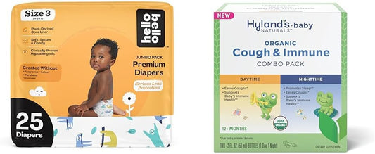 Hello Bello Premium Baby Diapers Size 3, 25 Count of Disposable Comfort Fit Diapers - Design: Sleepy Sloth + Hyland's Baby - Organic Cough & Immune Day & Night Combo Pack (4 fl oz) : Baby