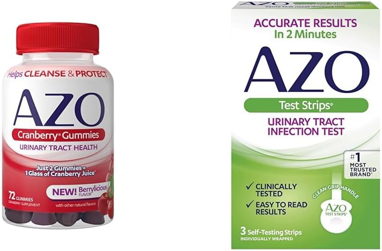 Azo Urinary Tract Health Gummies & Uti Test Strips, Helps Cleanse & Protect, Accurate Uti Results In 2 Minutes, 72 Gummies & 3 Count Strips