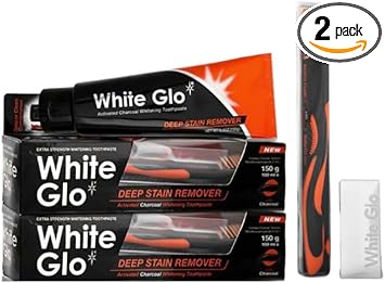White Glo Charcoal Deep Stain Remover Toothpaste, 100Ml -Pack Of 2 With Sanitral 50 Pcs Dental Floss Stick Included As A Gift
