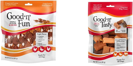 Good'n'Fun Triple Flavored Rawhide Kabobs 24oz & Good 'n' Tasty Soft & Crunchy 3oz : Pet Supplies