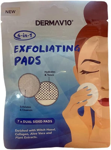 Healthpoint Derma V10 Exfoliating Pads, Pack Of 7 Pre-Moisturised Microfibre Facial Pads, Exfoliate, Cleanse, Hydrate, Tone, Removes Impurities, Enriched With Witch Hazel, Collagen And Aloe Vera
