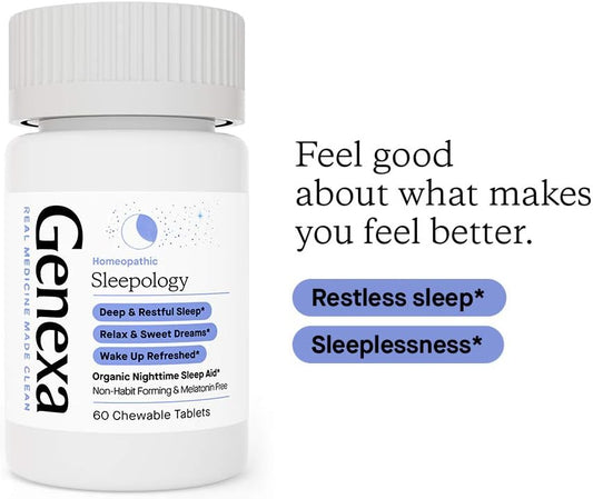 Genexa Sleepology for Adults | Melatonin Free Sleep Calm Aid |Soothing Natural Vanilla & Lavender Flavor | Certified Organic & Non-GMO | Homeopathic Remedy Made Clean | 60 Chewable Tablets