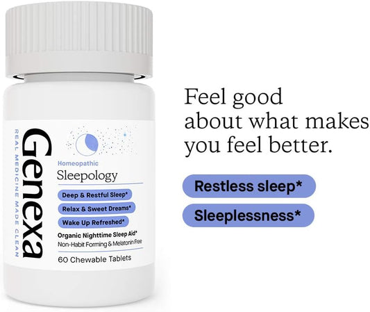 Genexa Sleepology® Nighttime Sleep Aid - 60 Tablets - Nighttime Sleep Aid to Help You Fall Asleep, Wake Up Refreshed, Certified Organic & Non-GMO, Physician Formulated, Homeopathic