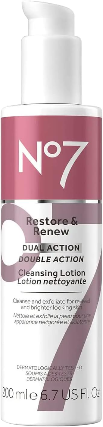 No7 Restore & Renew Dual Action Cleansing Lotion - Facial Cleanser & Exfoliant With Alpha Hydroxy Acid - Cleansing Lotion Makeup Remover For Anti-Aging