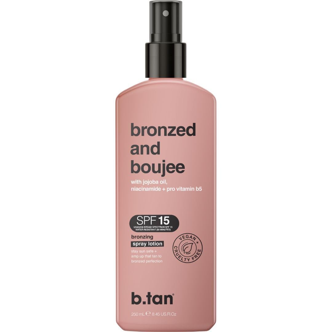 b.tan Sun Tanning Lotion Spray | Bronzed and Boujee - SPF 15 Outdoor Bronzing Spray Lotion, Packed with Jojoba Oil, Niacinamide, & Pro Vitamin B5, Vegan Friendly, Cruelty Free, 8.45 Fl Oz