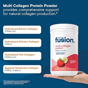 Bariatric Fusion Unflavored Multi Collagen Protein Powder | Hydrolyzed Collagen Peptides Powder Plus Joint Support Complex Of Msm And Glucosamine | Type 2 | Dairy, Gluten & Soy Free | 30 Servings