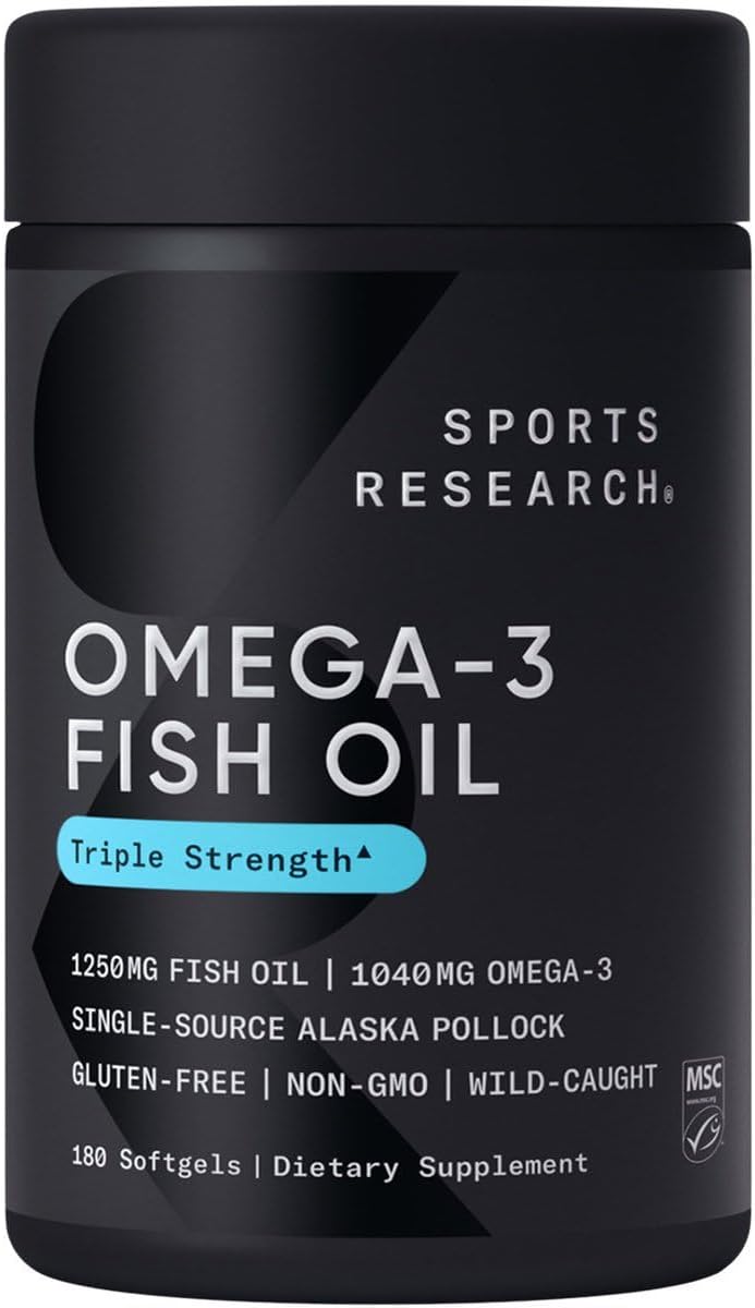 Sports Research Triple Strength Omega 3 Fish Oil 1250mg from Wild Alaska Pollock - Burpless Fish Oil Supplement with Omega3s EPA & DHA - Sustainably Sourced, Non-GMO, Gluten