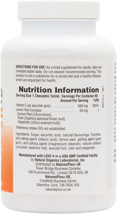 NaturesPlus Immune Vitamin C, Citrus - 100 Chewables - All-Natural Immune System Support - High-Potency Formula with Bioflavonoids & Superfoods - Non-Acidic & Gentle on The Stomach - 100 Servings