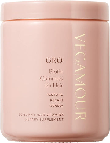 VEGAMOUR GRO Biotin Gummies, Strawberry Flavor with 5000 mcg Biotin, Supports Healthy Hair Vegan Gummies with Vitamins A, B, C, E, B-12 & More, 30 Ct