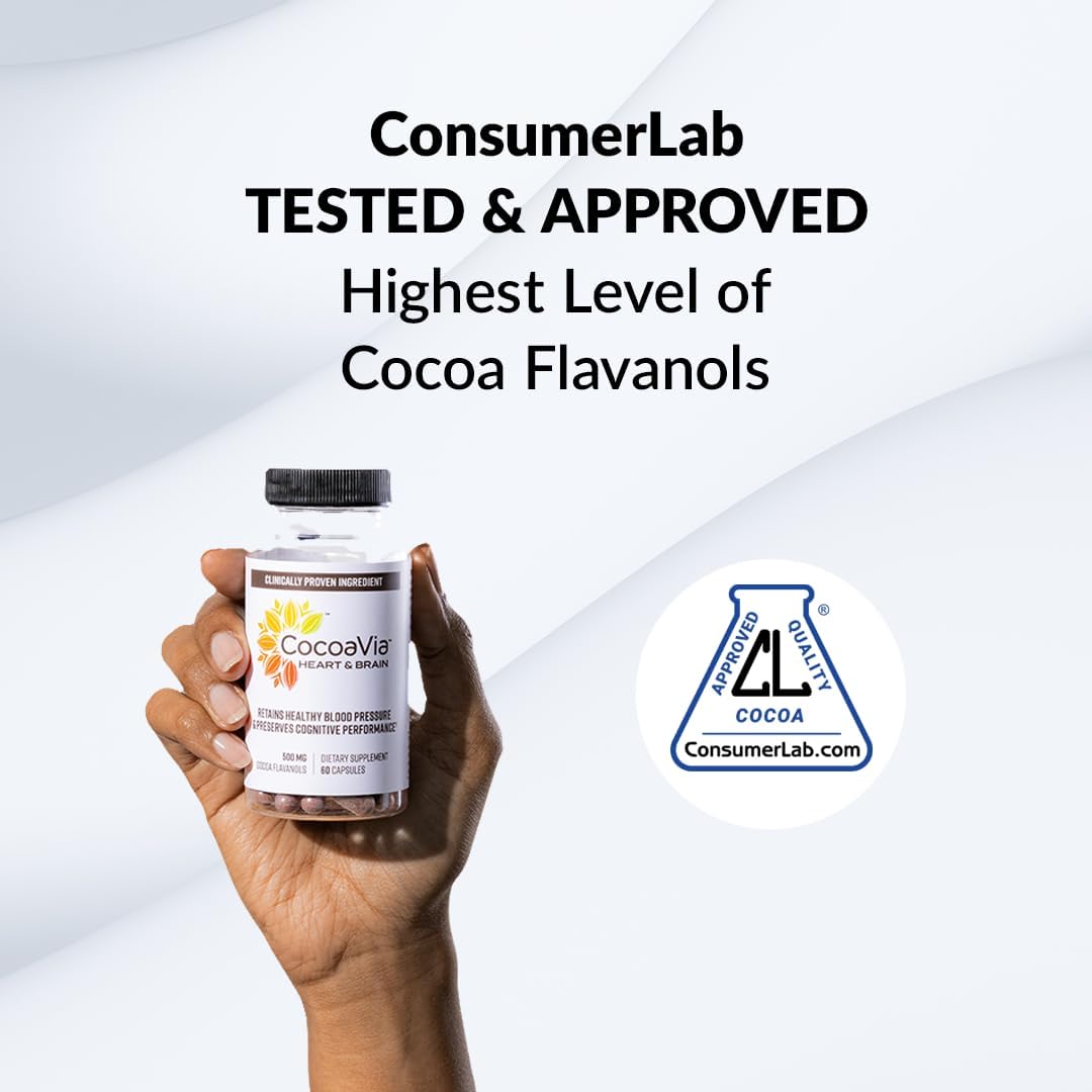 Cocoavia Heart & Brain Supplement, 30 Day, Cocoa Flavanol Extract, Memory & Circulation Booster, Nitric Oxide, Boost Oxygen & Energy, Plant Based, Gluten Free, Vegan, 60 Capsules : Health & Household