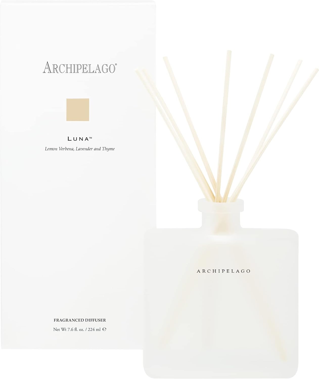 Archipelago Botanicals Luna Reed Diffuser | Includes Fragrance Oil, Frosted Glass Vessel and 10 Diffuser Reeds | Perfect for Home, Office or a Gift (7.6 fl oz)