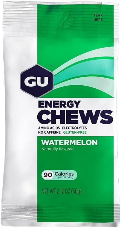 Gu Energy Chews, Watermelon Energy Gummies With Electrolytes, Vegan, Gluten-Free, Kosher, Caffeine-Free, And Dairy-Free On-The-Go Energy For Any Workout, 12 Bags (24 Servings Total)