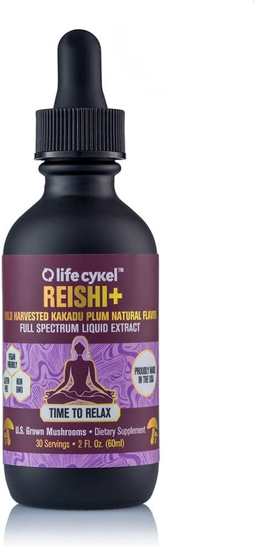 Life Cykel Reishi Mushroom Extract W/Kakadu Plum- Adaptogen For Sleep Help, Relaxation & Cellular Support- 100% Organic Mushrooms, Antioxidants Vitamin C, 2Oz (Packaging May Vary)