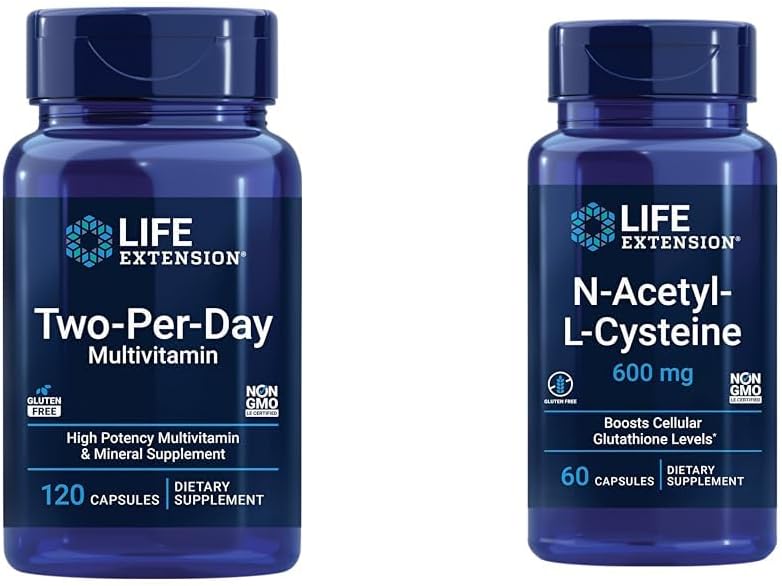 Life Extension Two-Per-Day Multivitamin, Vitamins B, C, D, Zinc, 25 Vitamins, Minerals & Extracts, 120 Capsules Bundle With N-Acetyl-L-Cysteine (Nac) 600 Mg, 60 Capsules