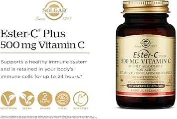 Solgar Ester-C Plus 500 Mg Vitamin C (Ascorbate Complex), 250 Vegetable Capsules - Gentle & Non Acidic - Antioxidant & Immune Support - Non Gmo, Vegan, Gluten Free, Kosher - 250 Servings