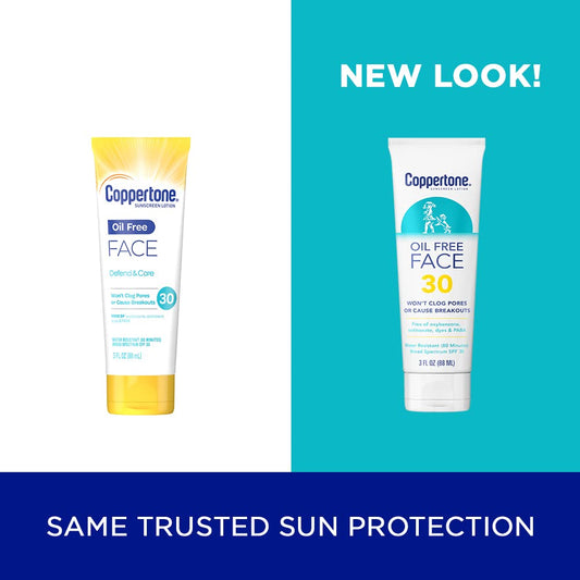 Coppertone Face Sunscreen SPF 30, Oil Free Sunscreen for Face, Water Resistant SPF 30 Sunscreen Face Lotion, Travel Size Sunscreen, 3 Fl Oz Tube