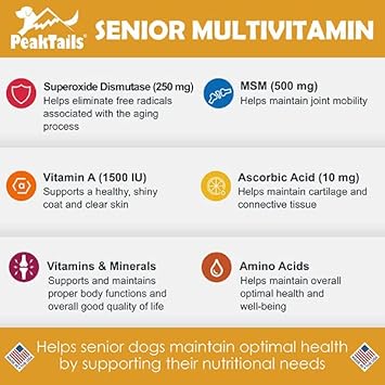 Peaktails Senior Multivitamin For Dogs – 350 Chewable Tablets With Msm, Superoxide Dismutase : Pet Supplies