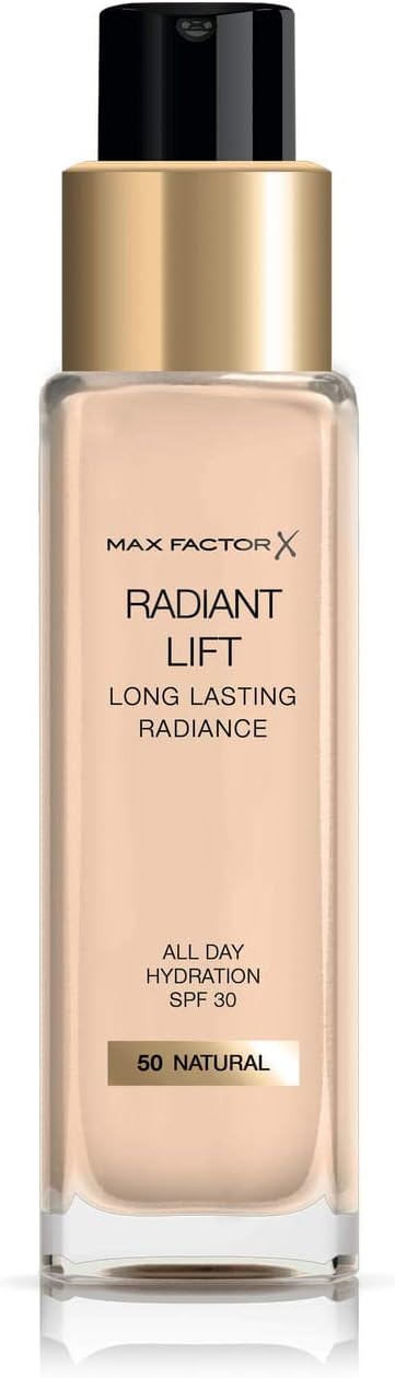 Max Factor Radiant Lift Liquid Pump Medium To Full Coverage Radiant Finish Foundation With Spf30 And Hyaluronic Acid, 050 Natural, Medium Skin Tone, 30Ml
