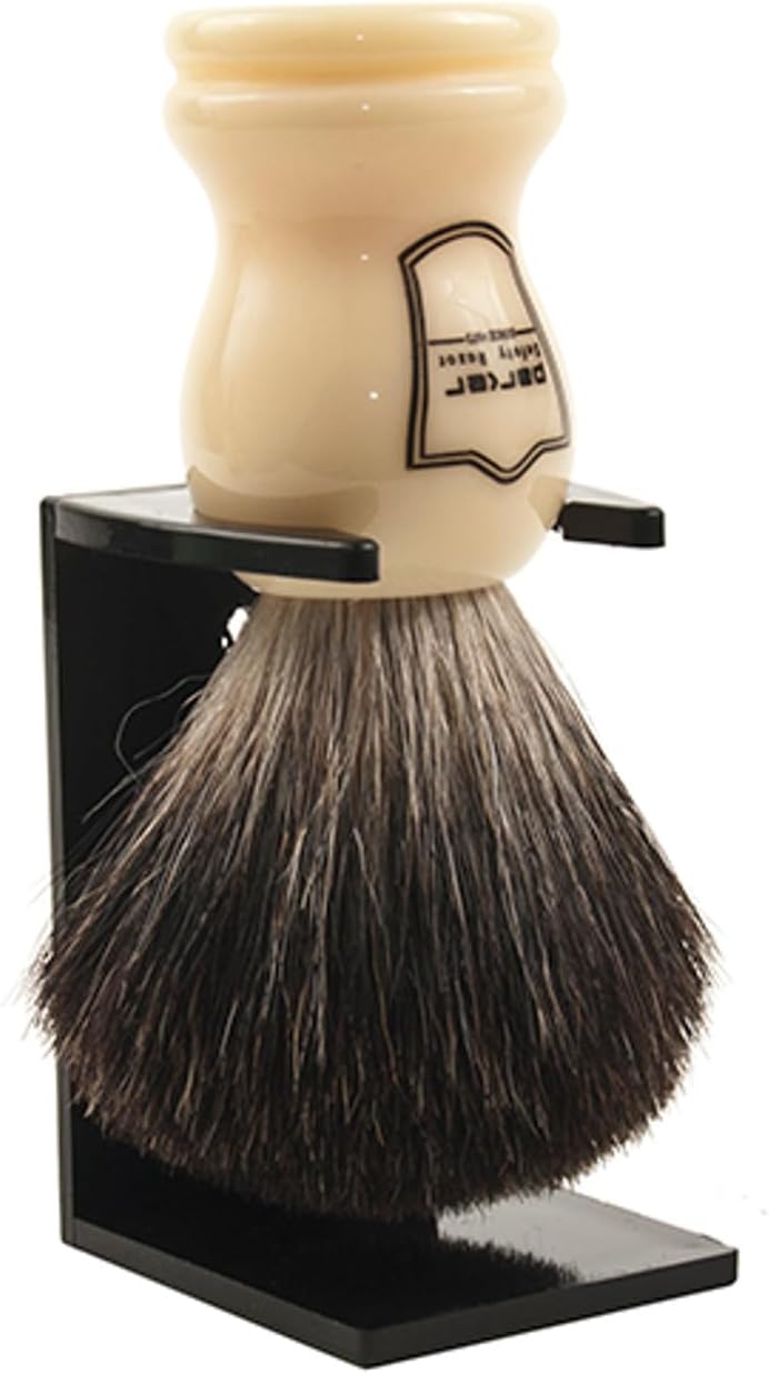 Parker 100% Black Badger Bristle Shaving Brush With White Handle–Extra Dense Badger Bristles Shave Brush Create A Superior Lather–Brush Stand Included