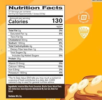 Bare Performance Nutrition, Bpn Whey Protein + Casein Protein Powder Blend, Cinnamon Roll 25G Protein Per Serving Supports Lean Muscle Recovery, 27 Servings, Third Party Tested