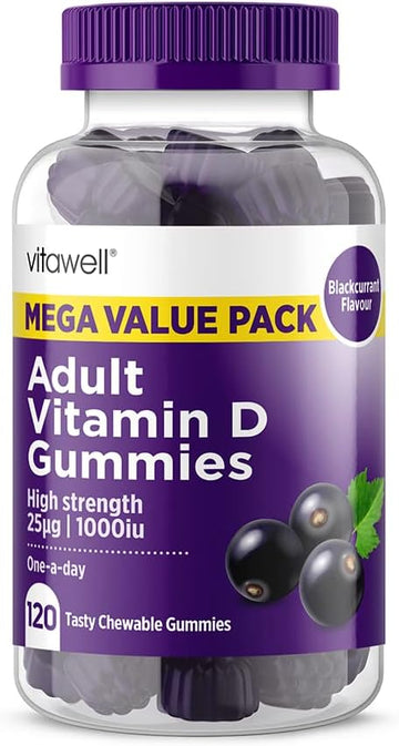 Vitawell Adult Vitamin D 25µg Gummies | 120 Blackcurrant Flavour Gummies | High Strength Vit D3 Formula | 4 Months’ Supply | One A Day Chewable Adult Vitamin | Bone & Immune Health | By Vitawell