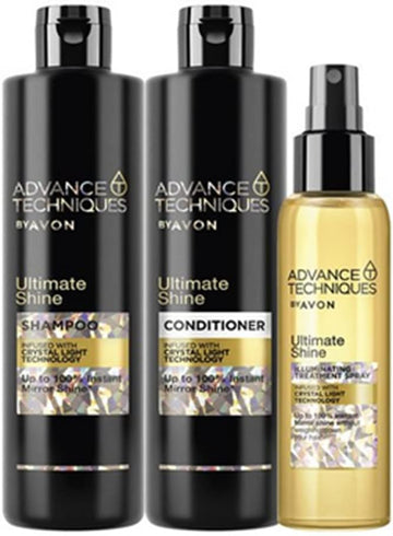 Avon Advance Techniques Ultimate Shine Collection Includes Shampoo 250Ml, Conditioner 250Ml, And Illuminating Treatment Spray 100Ml