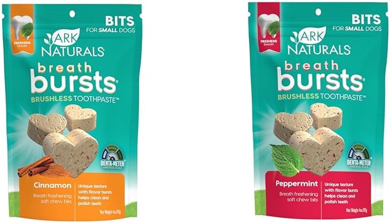 Ark Naturals Breath Bursts Brushless Toothpaste Dog Treat Bundle, Dog Dental Bits for Small Breeds, Unique Texture Helps Clean Teeth & Freshen Breath, Cinnamon & Peppermint, 4 oz Each, 2 Packs : Pet Supplies