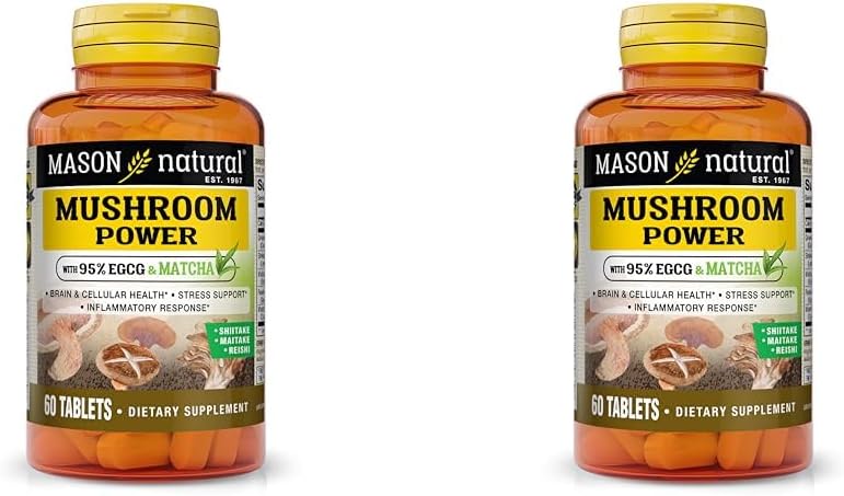 MASON NATURAL Mushroom Power with 95% EGCG & Matcha - for Optimal Wellness, Stress Support and Healthy Inflammatory Response, 60 Plant Based Tablets (Pack of 2)