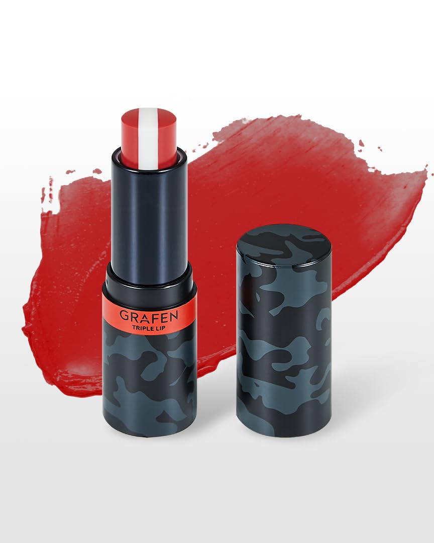Grafen Triple Color Lip Balm Bright Red 0.13 Oz | Tinted Lip Balm For Men | Korean Lip Butter Triple Layers Of Lip Care & Lip Coloring