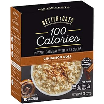 Better Oats 100 Calorie Cinnamon Roll Oatmeal Packets, 100 Calorie Oatmeal Pouches with Cinnamon Roll Flavor, 90 Second Instant Oatmeal with Flax Seeds and Rolled Oats, Pack of 10, 9.8 OZ Pack