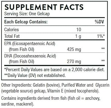 Thorne Super EPA - Omega-3 Fatty Acids EPA 425mg and DHA 270mg Supplement - Support Brain, Cardiovascular, Joints, and Skin - Gluten-Free, Dairy-Free, Soy-Free - 90 Gelcaps