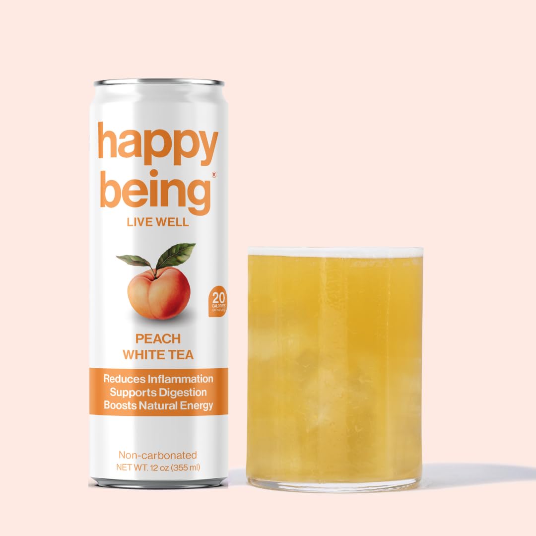 Happy Being Nutrient-Rich Organic Peach Rose White Tea – Infused With Turmeric, Elderberry, Vitamin D3, Caffeine Free, Plant-Based, Low Calorie & Low Sugar Drinks, 12Oz (16 Pack)
