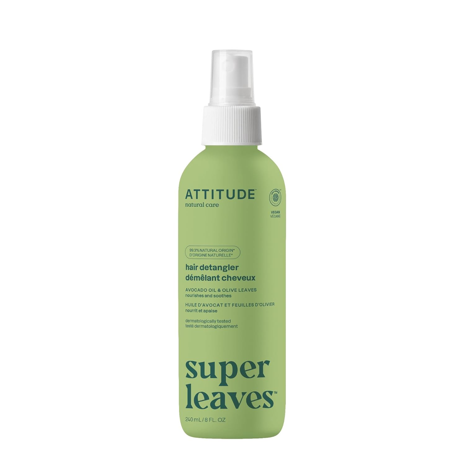 ATTITUDE Detangling Spray, EWG Verified, Plant-Based Ingredients, Vegan, Olive Leaves, 8 Fl Oz